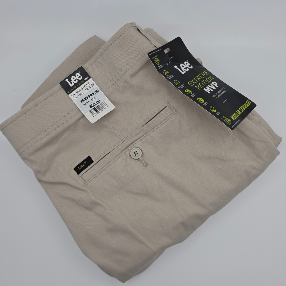 Lee Chino Pants Mens 38x29 Extreme Motion MVP Salina Stone Regular Straight NEW‎